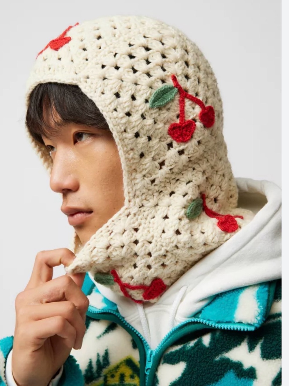 Urban Outfitters Cream Crochet Hood with Red Cherry Dots